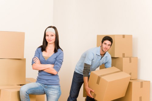 Packed household boxes ready for a home move in Sands End