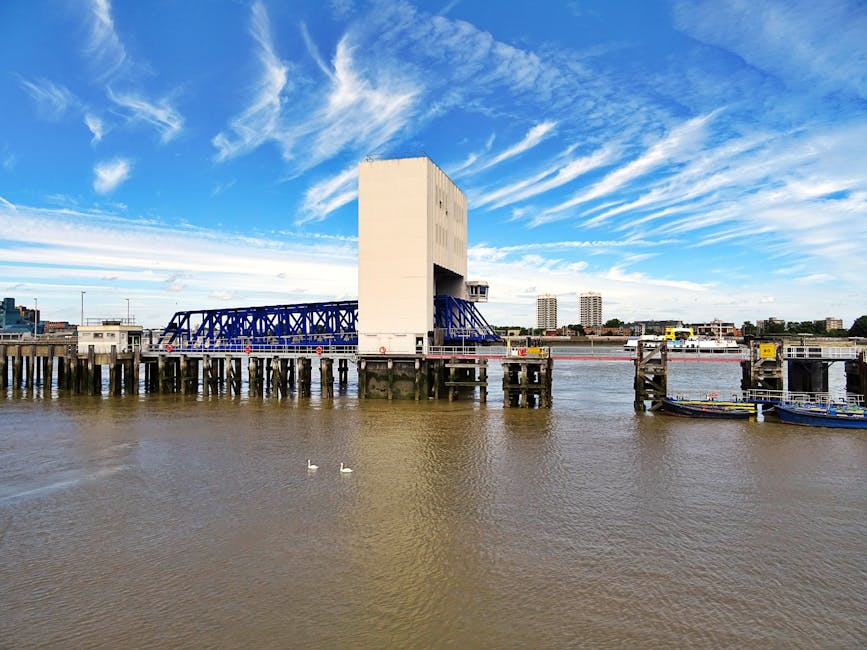 View of a river with a wooden dock extending over the water, supporting a large white building with a blue metal framework attached. The dock is part of an access point for loading or unloading, with a small boat moored nearby. In the foreground, calm water with a few swans is visible, while in the background, there are modern residential and commercial buildings under a partly cloudy blue sky. The scene suggests a waterfront location, possibly used for home relocation or furniture transport services by Man with Van Sands End, with the dock facilitating logistical access for removals or moving activities on Fulham Reach.