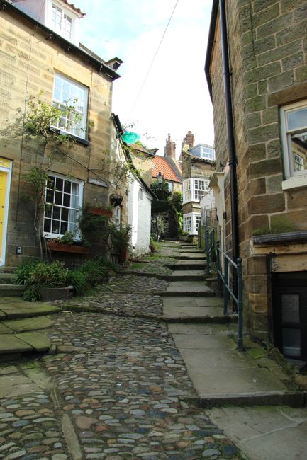 A narrow urban residential street during daylight lined with multi-storey brick buildings, one on the left painted in green with large windows and external black metal fire escapes, and another on the right in beige with balconies and a rooftop terrace. The street has a steep incline with a concrete driveway leading uphill, flanked by pavement on both sides, and is free of vehicles or pedestrians. The sky is overcast, and the scene depicts a typical location for home relocation or furniture transport, where careful loading and moving logistics are necessary, often involving professional removals services like those provided by Man with Van Sands End for house removals and relocation projects.